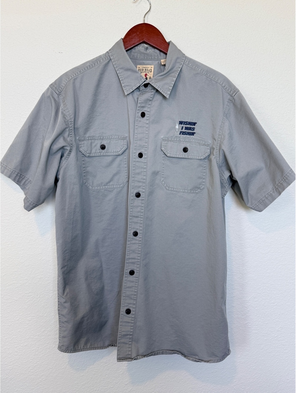 RedHead Wishin I Was Fishin Shirt Mens Large Gray Short Sleeve Fishing Button Up